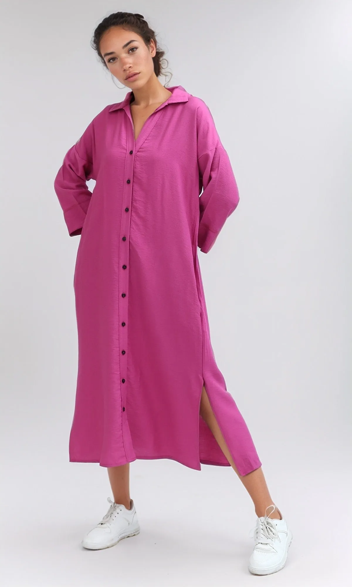 O198051 - Solid Long Sleeves Dress With Side Slits - Fushia