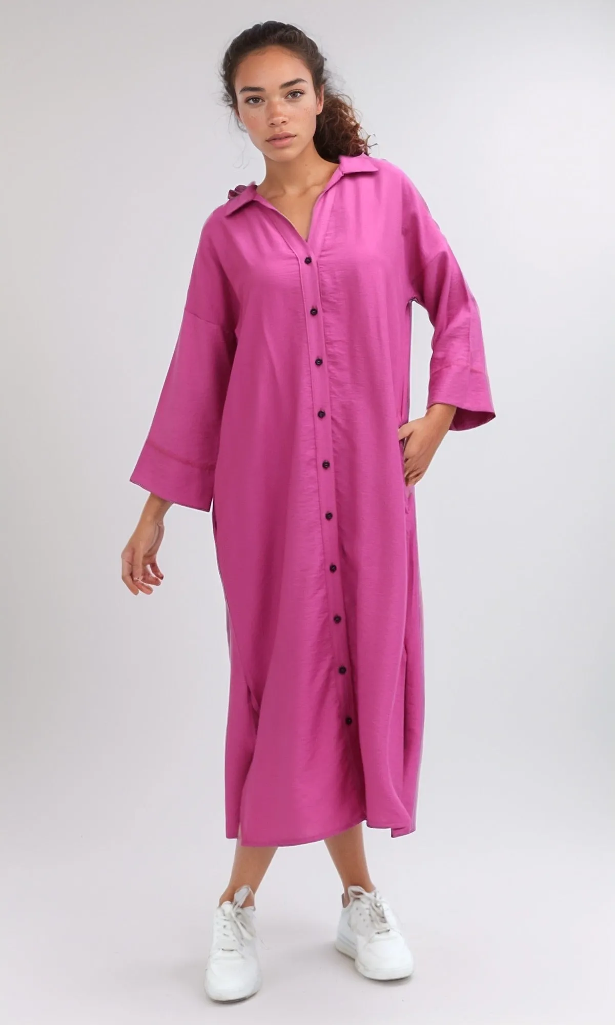 O198051 - Solid Long Sleeves Dress With Side Slits - Fushia