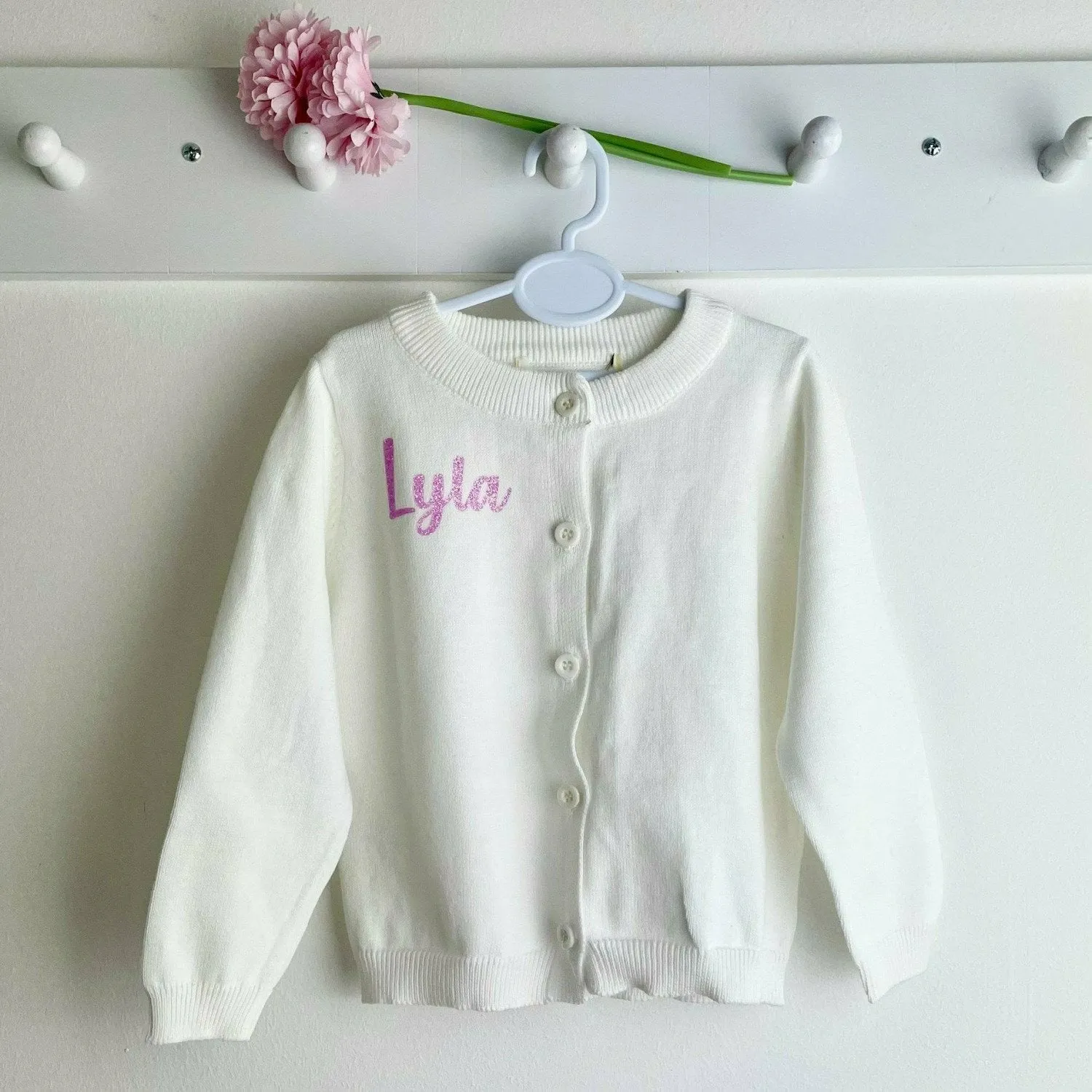 Personalised Baby Girl White Cotton Cardigan, Light Pink Glitter Text