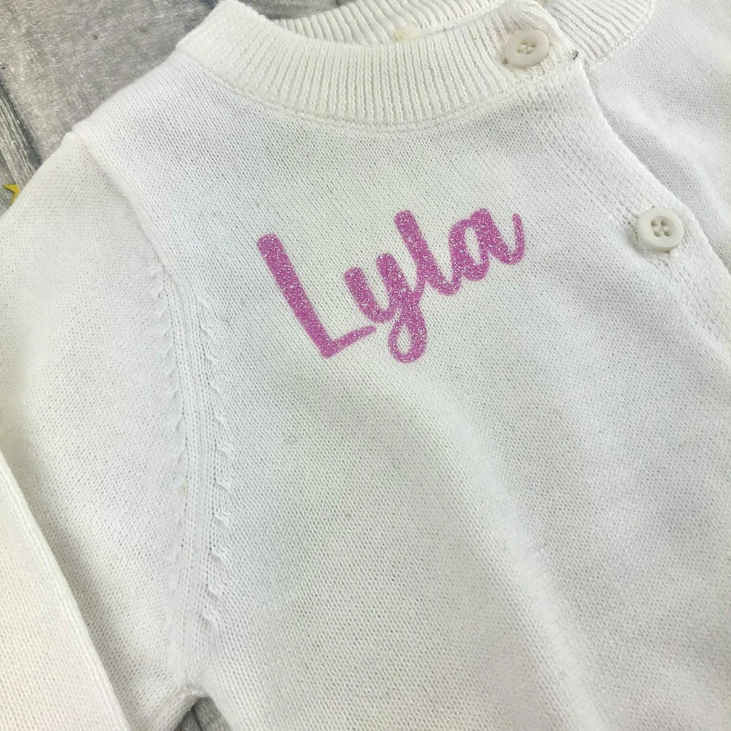 Personalised Baby Girl White Cotton Cardigan, Light Pink Glitter Text
