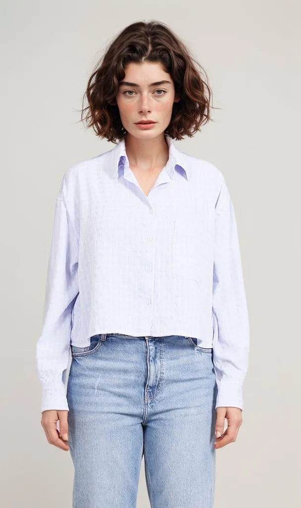R206356-R206356 - Striped Cropped Shirt - Blue & White