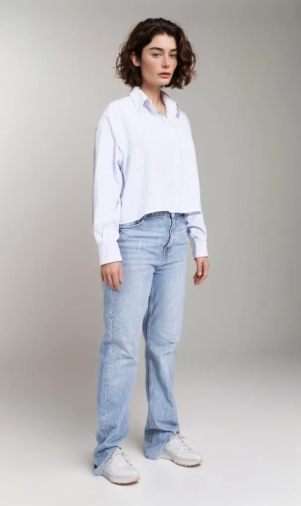 R206356-R206356 - Striped Cropped Shirt - Blue & White