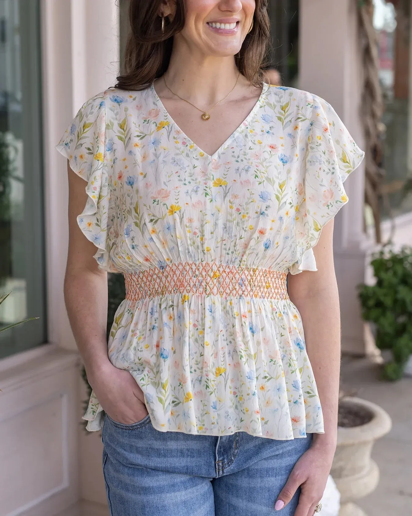 Smocked Flutter Seeve Top in Watercolour Floral