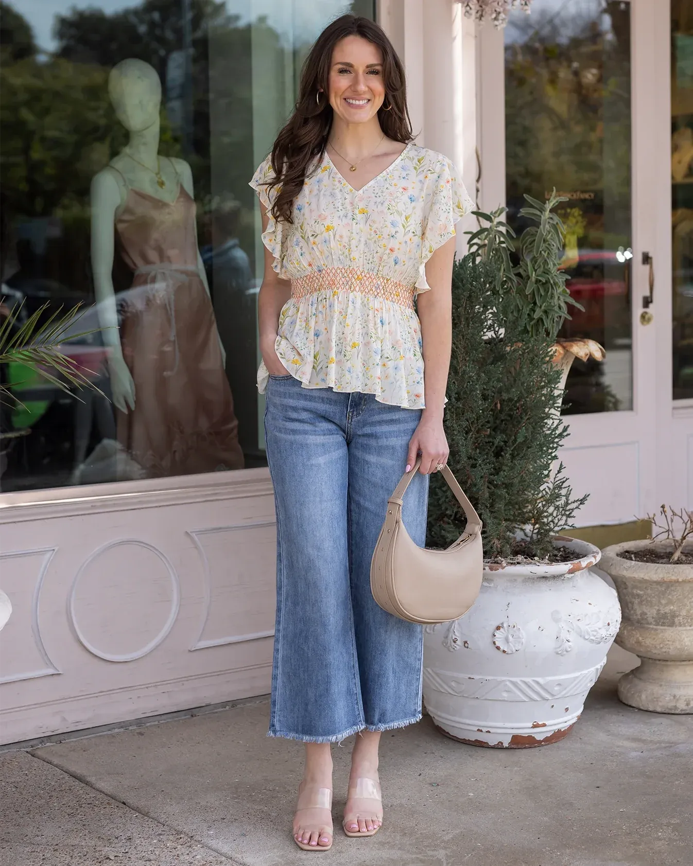 Smocked Flutter Seeve Top in Watercolour Floral