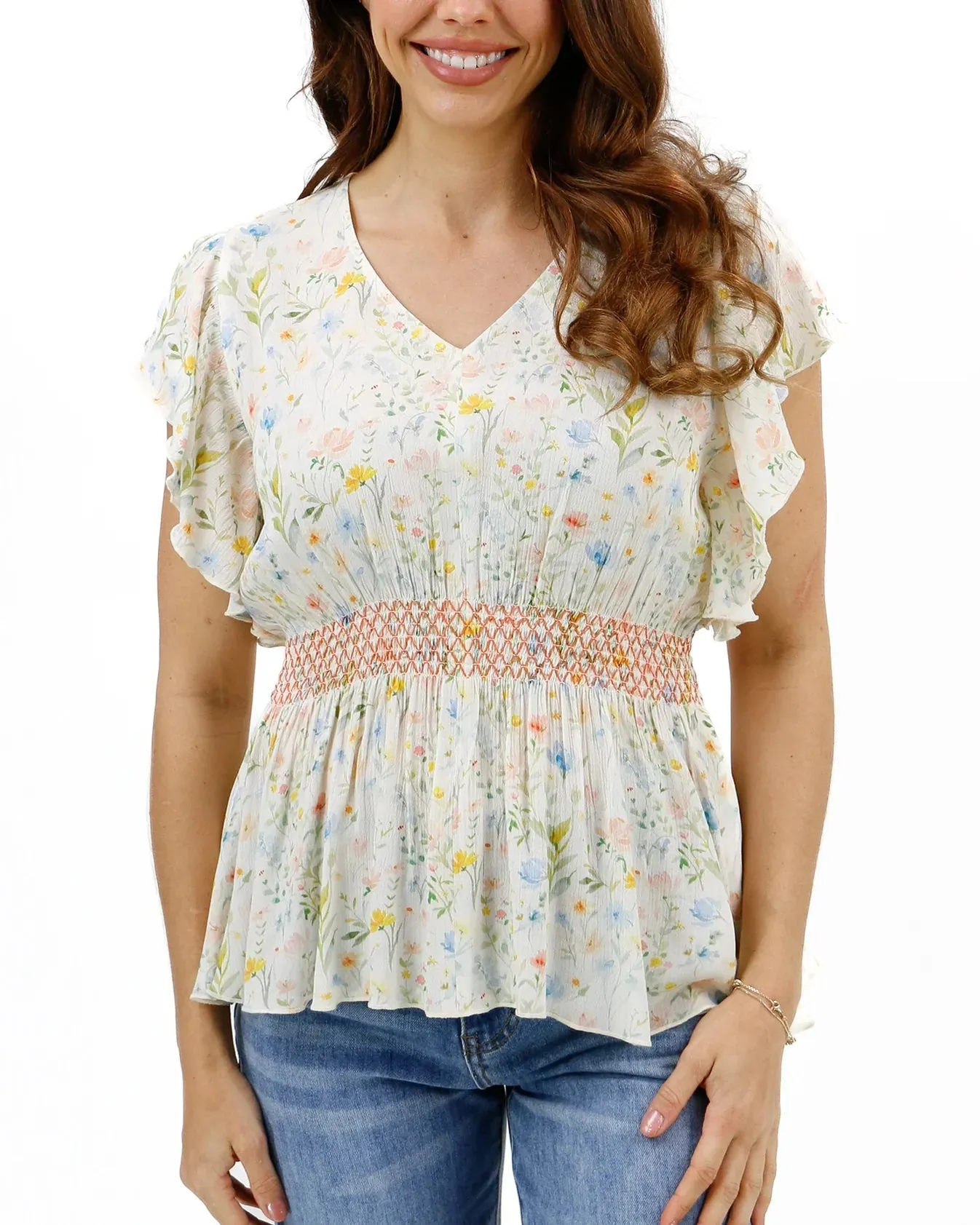 Smocked Flutter Seeve Top in Watercolour Floral