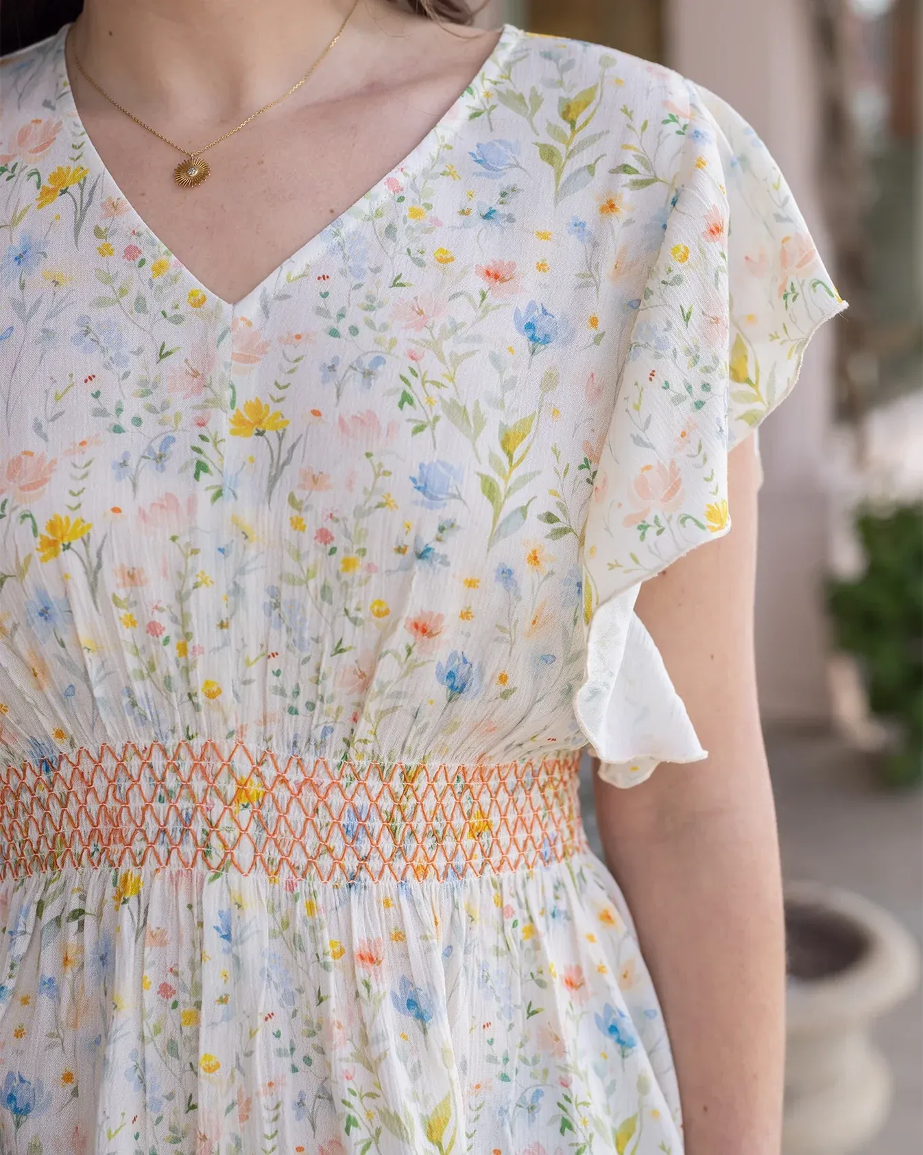 Smocked Flutter Seeve Top in Watercolour Floral