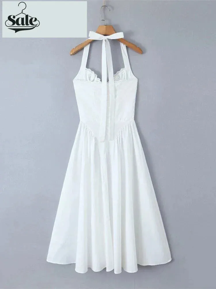Solid Fit & Flare Tie-Halter Midi Dress with Drop-Waist for Women
