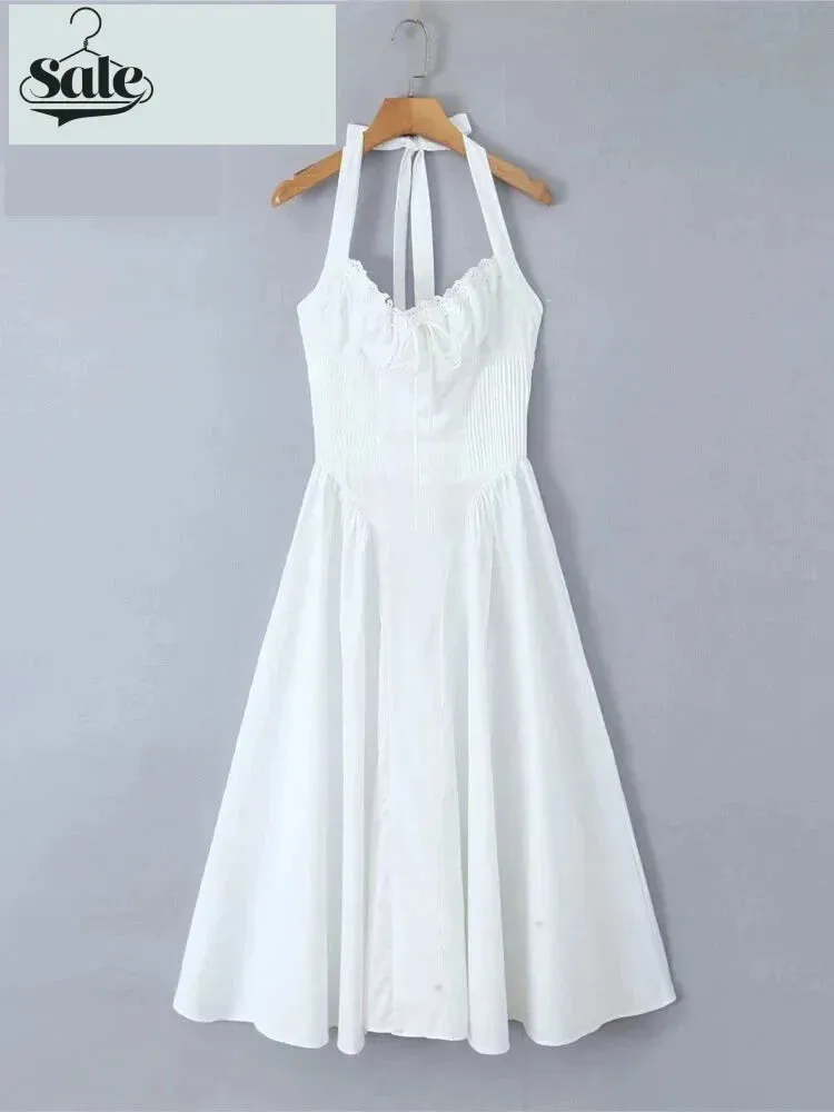 Solid Fit & Flare Tie-Halter Midi Dress with Drop-Waist for Women