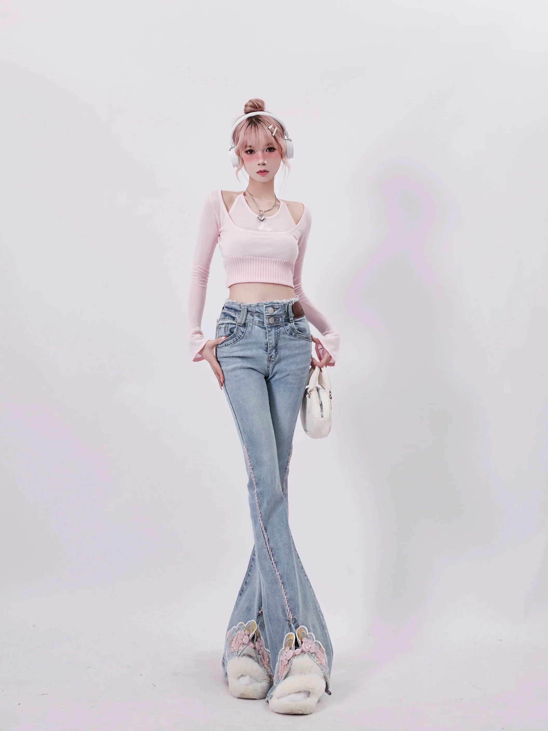 Waist Design Flared Double Denim Slit Pants