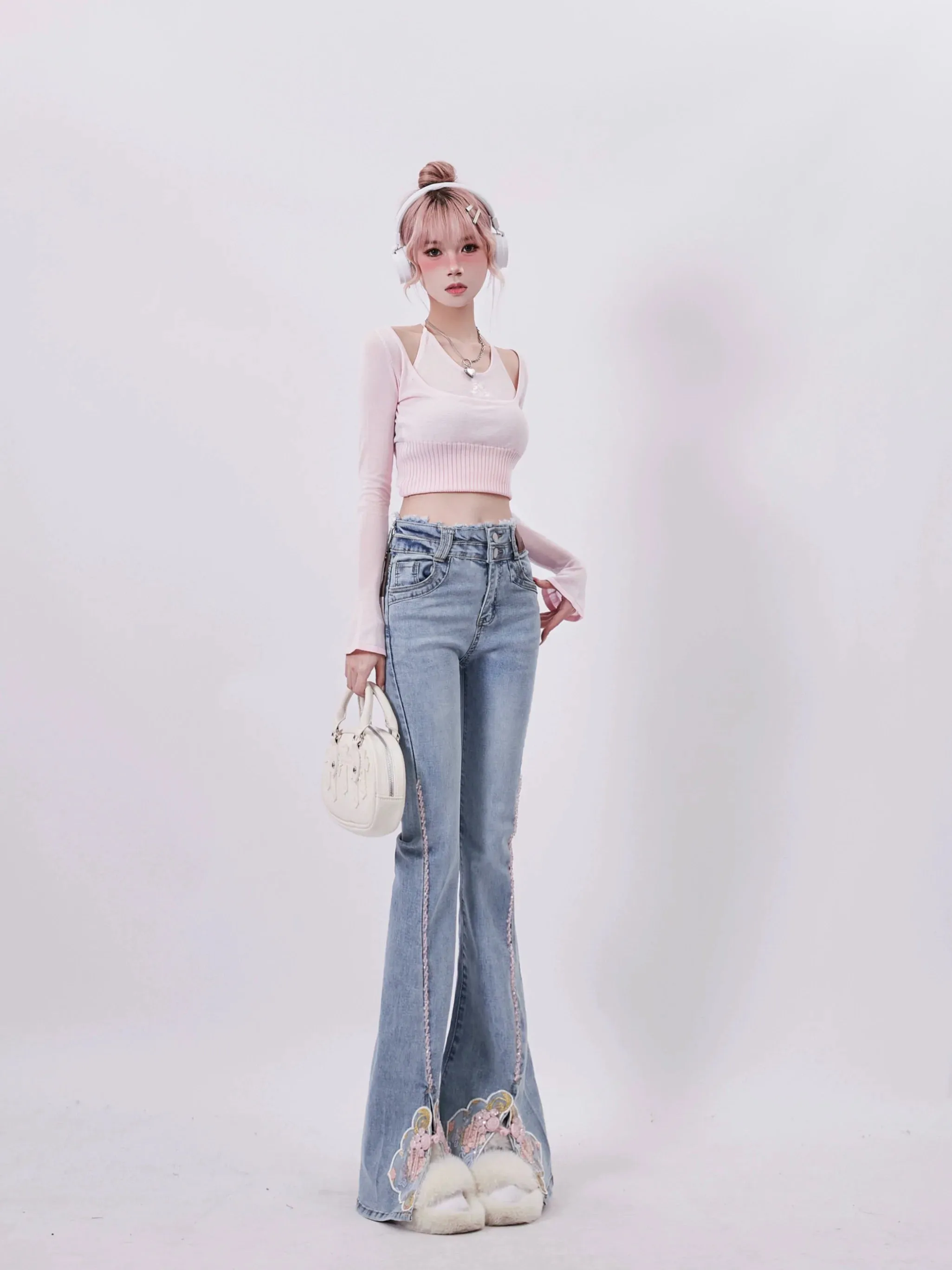 Waist Design Flared Double Denim Slit Pants