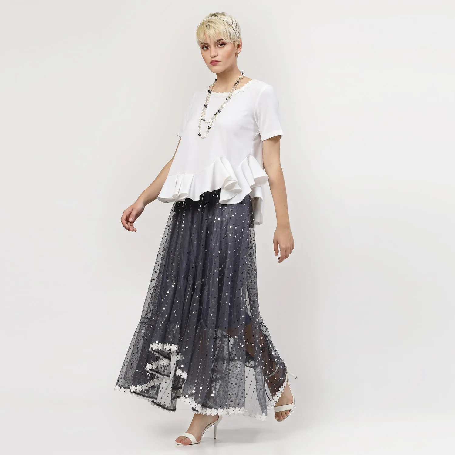 White Pemplum Top With Flower Lace