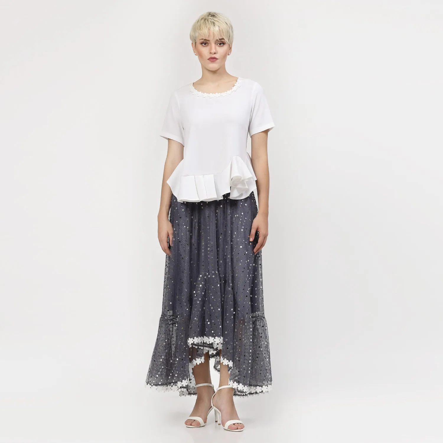 White Pemplum Top With Flower Lace