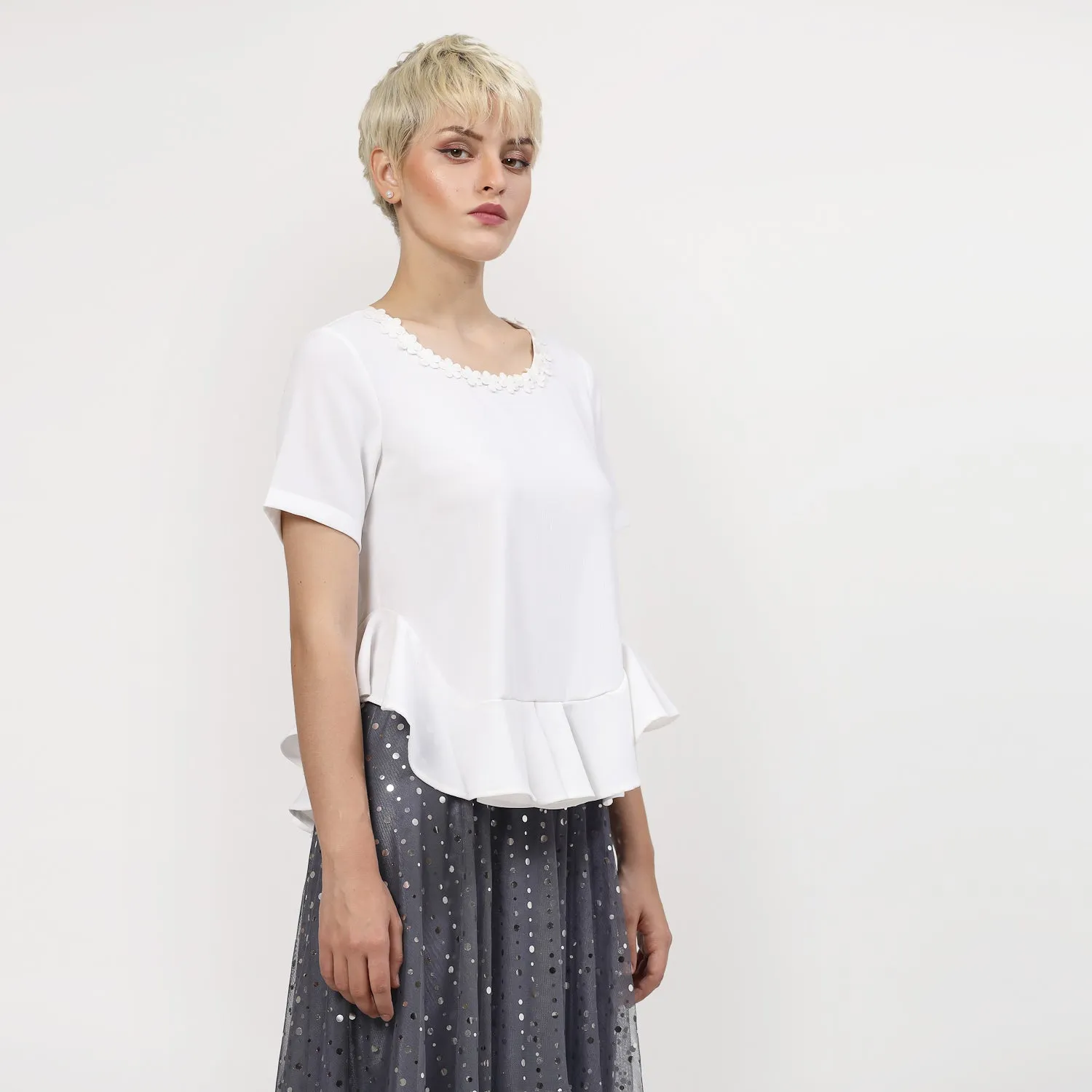 White Pemplum Top With Flower Lace