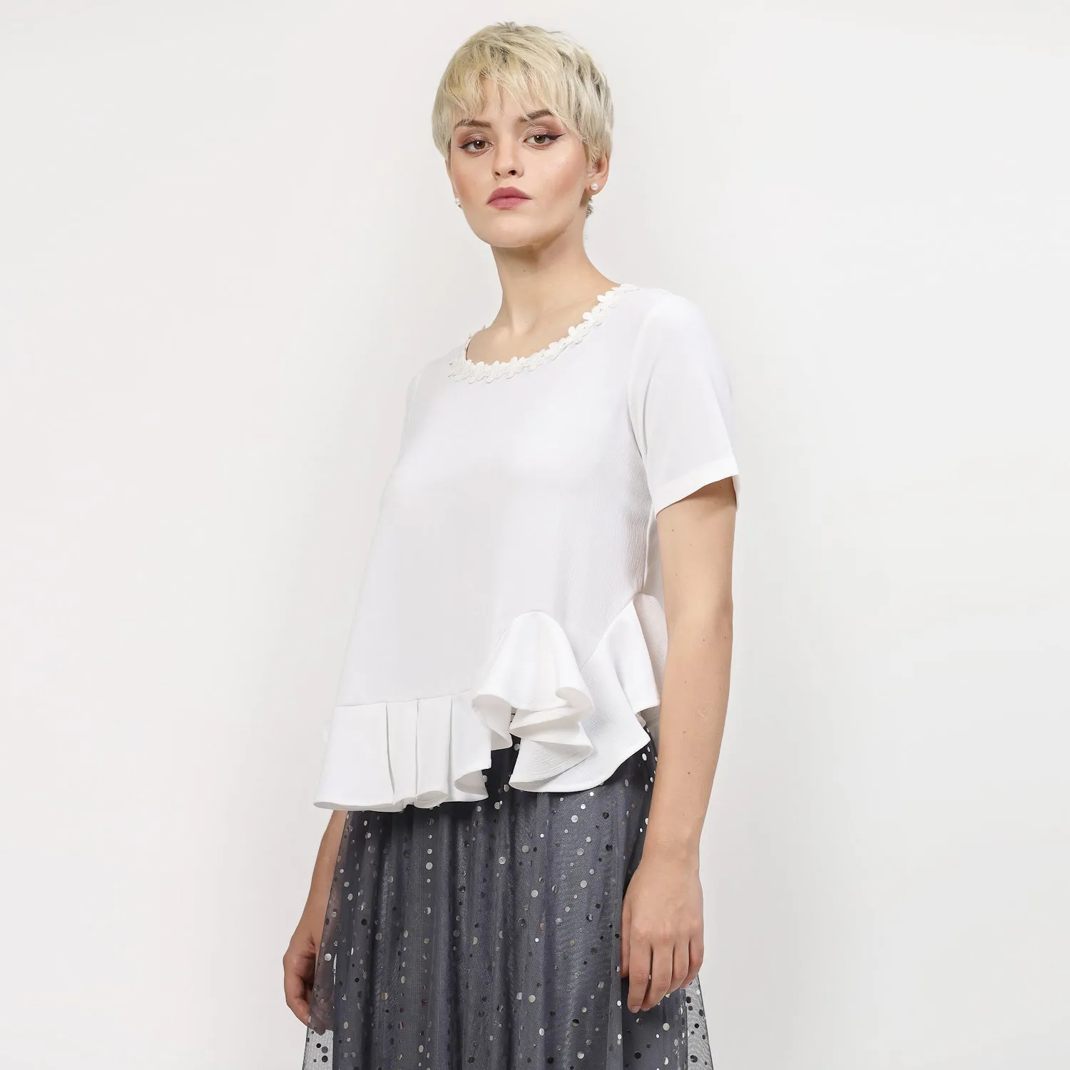 White Pemplum Top With Flower Lace
