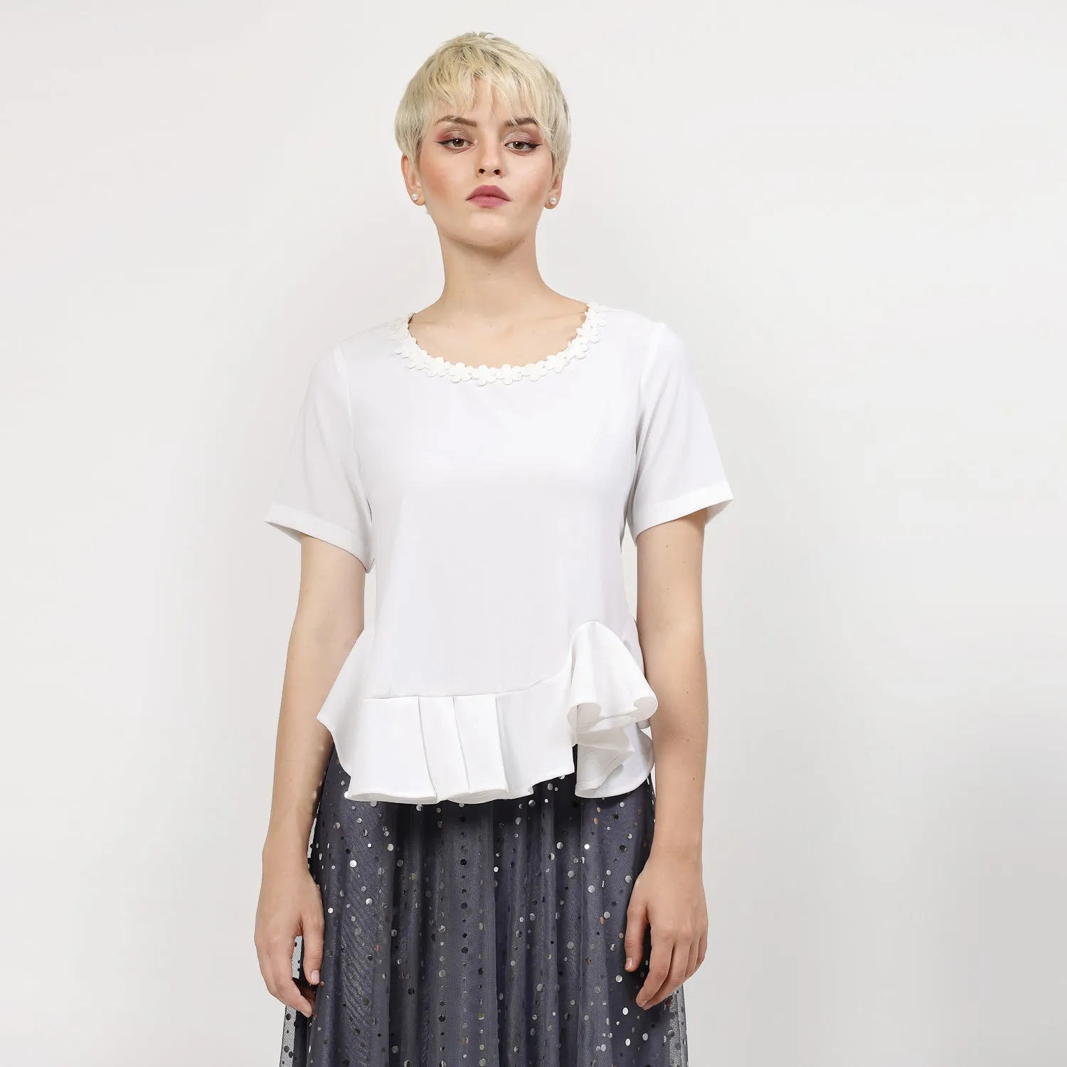 White Pemplum Top With Flower Lace