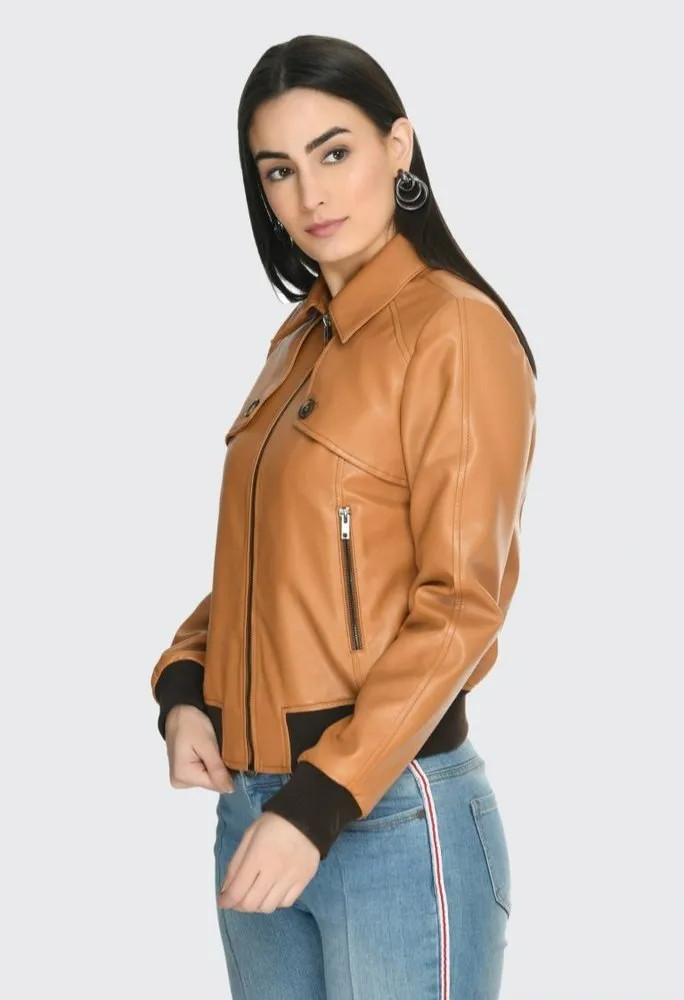 Women Leather Bomber Jacket by TJS