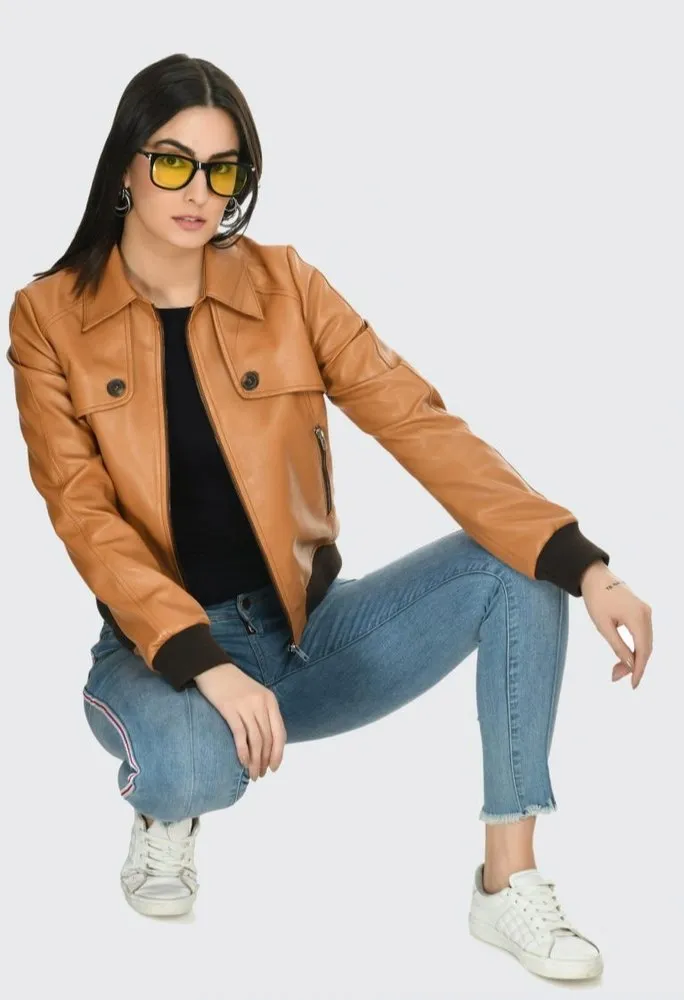 Women Leather Bomber Jacket by TJS