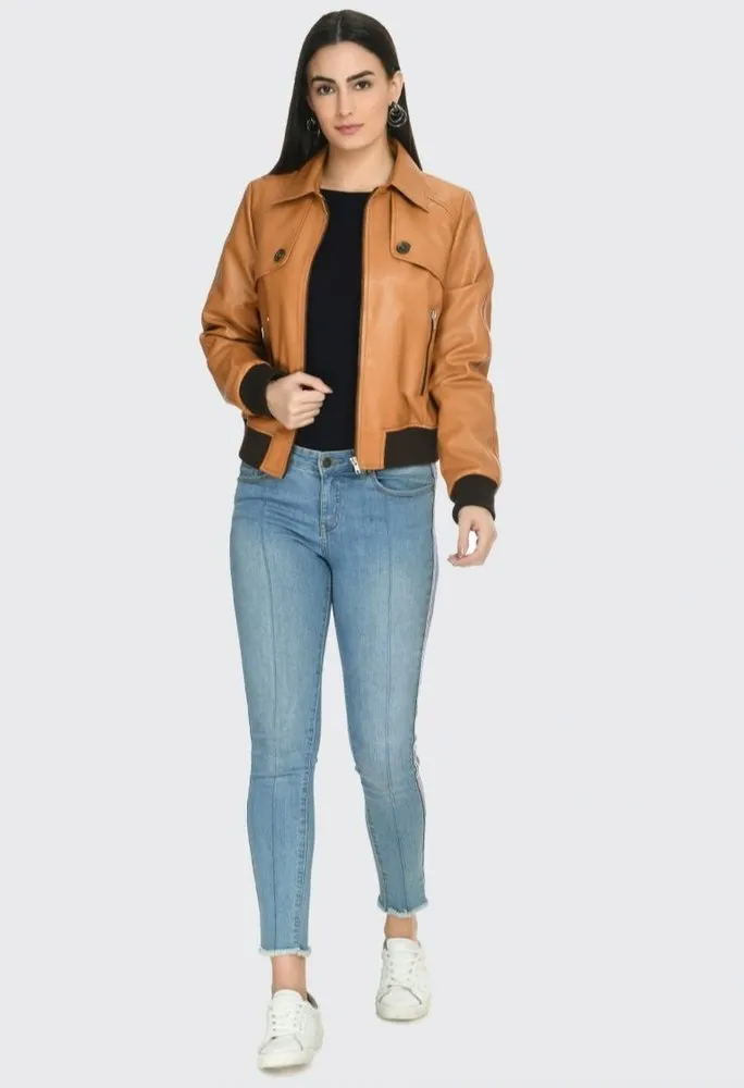 Women Leather Bomber Jacket by TJS