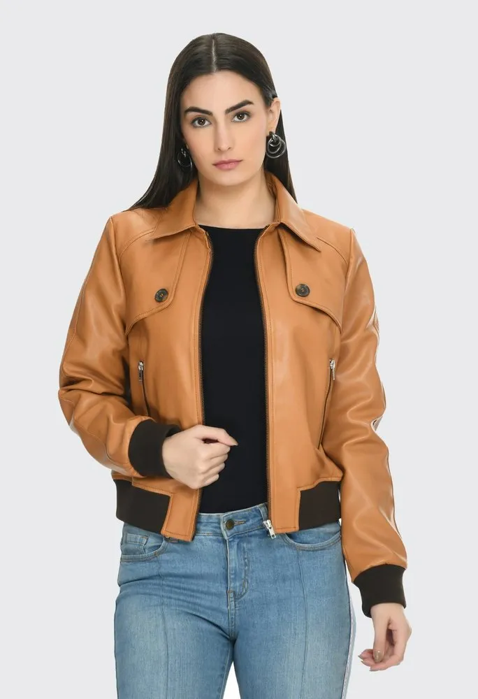 Women Leather Bomber Jacket by TJS
