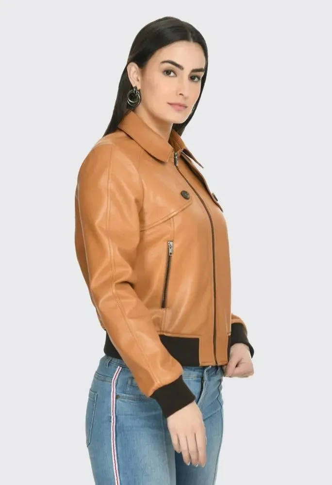 Women Leather Bomber Jacket by TJS